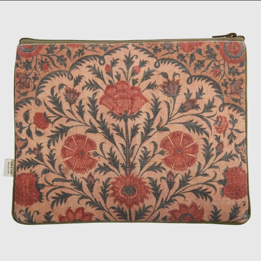 HORNBILL KALAMKARI Vintage Inspired Cotton Floral Print Zip Pouch Clutch NWT - Picture 2 of 3